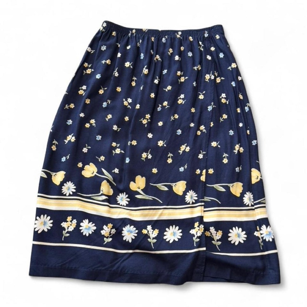 Vintage 90s  Navy Faux Wrap Floral Border Print Skirt, Women's Size 10.